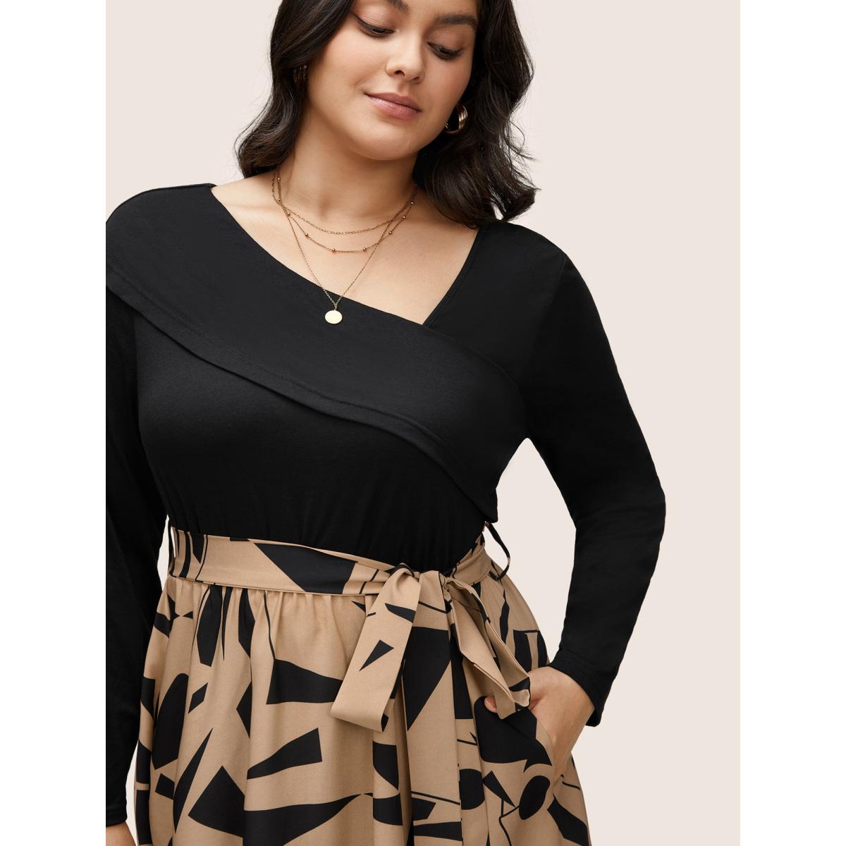Plus Size Geometric Contrast Patchwork Asymmetrical Neck Belted Dress Black Women At the Office Non Asymmetrical Neck Long Sleeve Curvy Midi Dress BloomChic 12/L Product Image