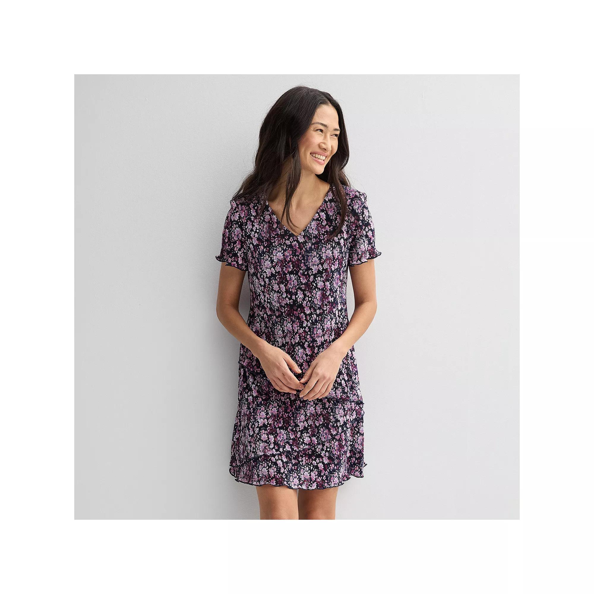 Women's Studio Connection Short Sleeve V-Neck Pleated Tiered Mini Dress, Size: 4, Purple Floral Product Image