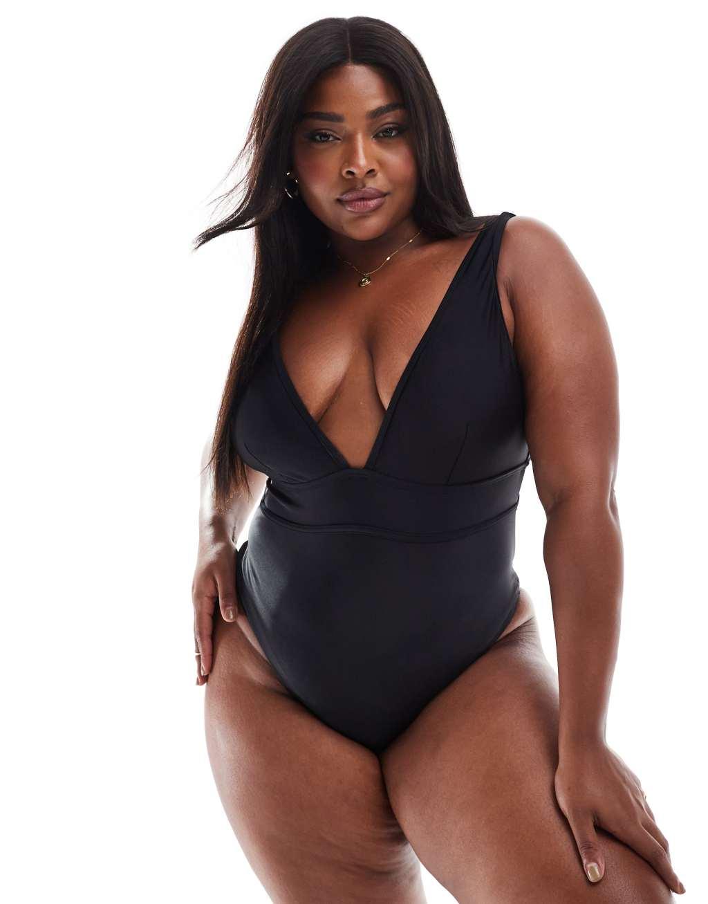 South Beach Curve swimsuit with deep band/ belt in black Product Image