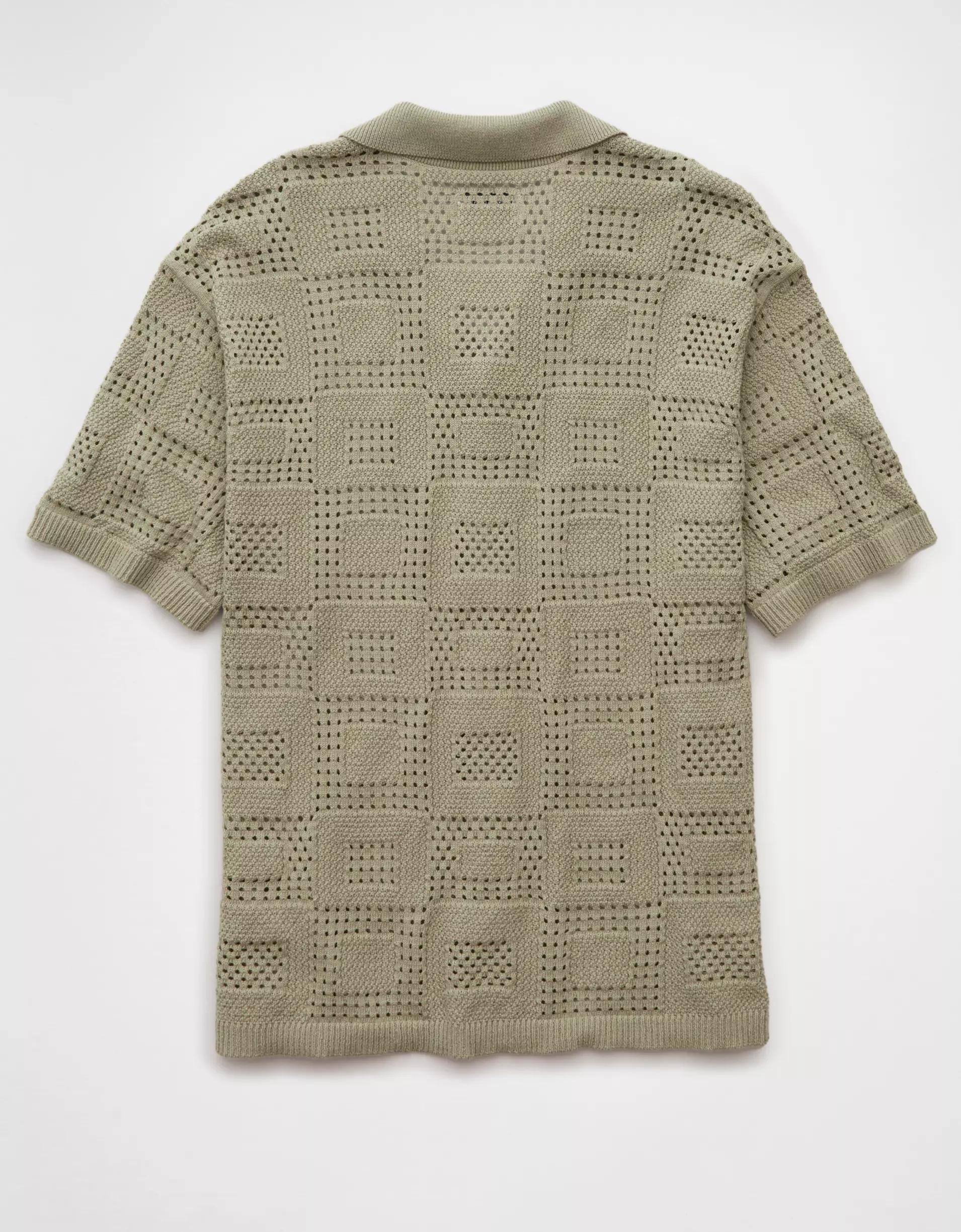 AE Weekend Textured Checkerboard Button-Up Sweater Polo Shirt Product Image