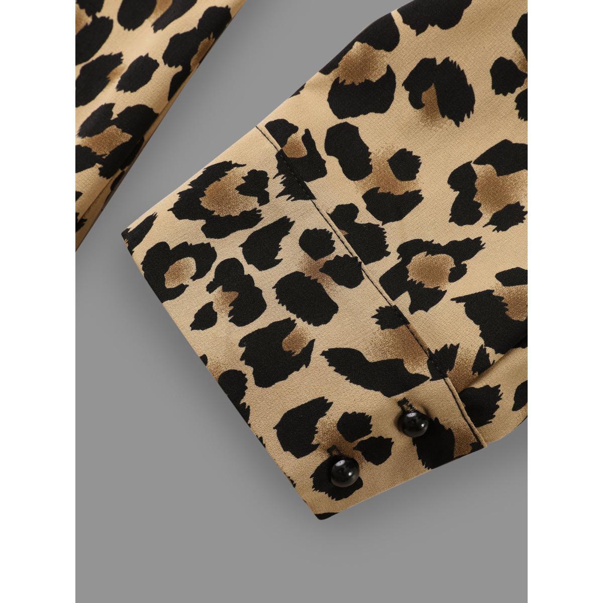 Plus Size LightBrown Leopard Print Mock Neck Gathered Blouse Women At the Office Long Sleeve Mock Neck Work Blouses BloomChic 22-24/3X Product Image