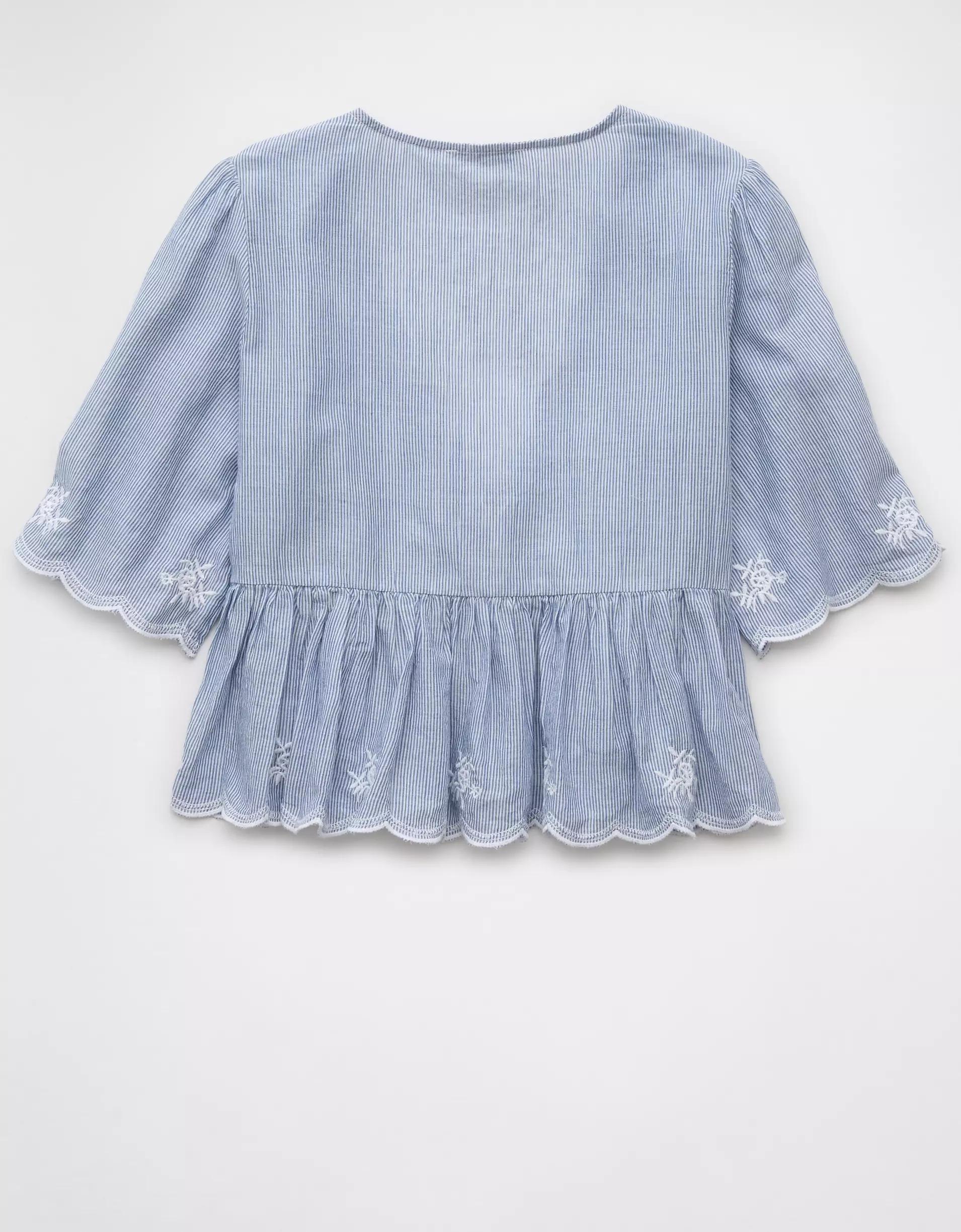 AE Embroidered Tie Front V-Neck Blouse Product Image