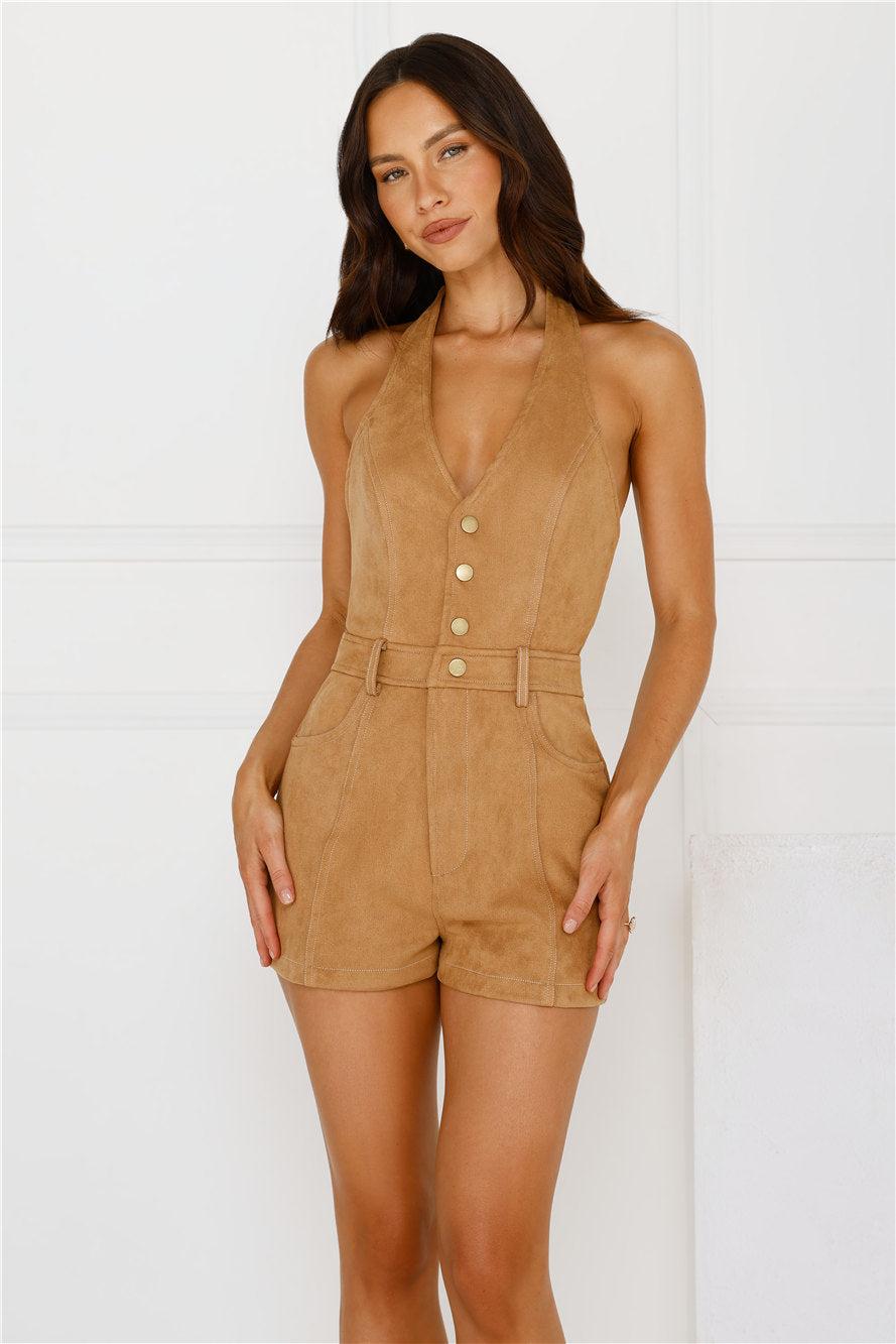 Rodeo Razzle Suede Halter Romper Tan Product Image
