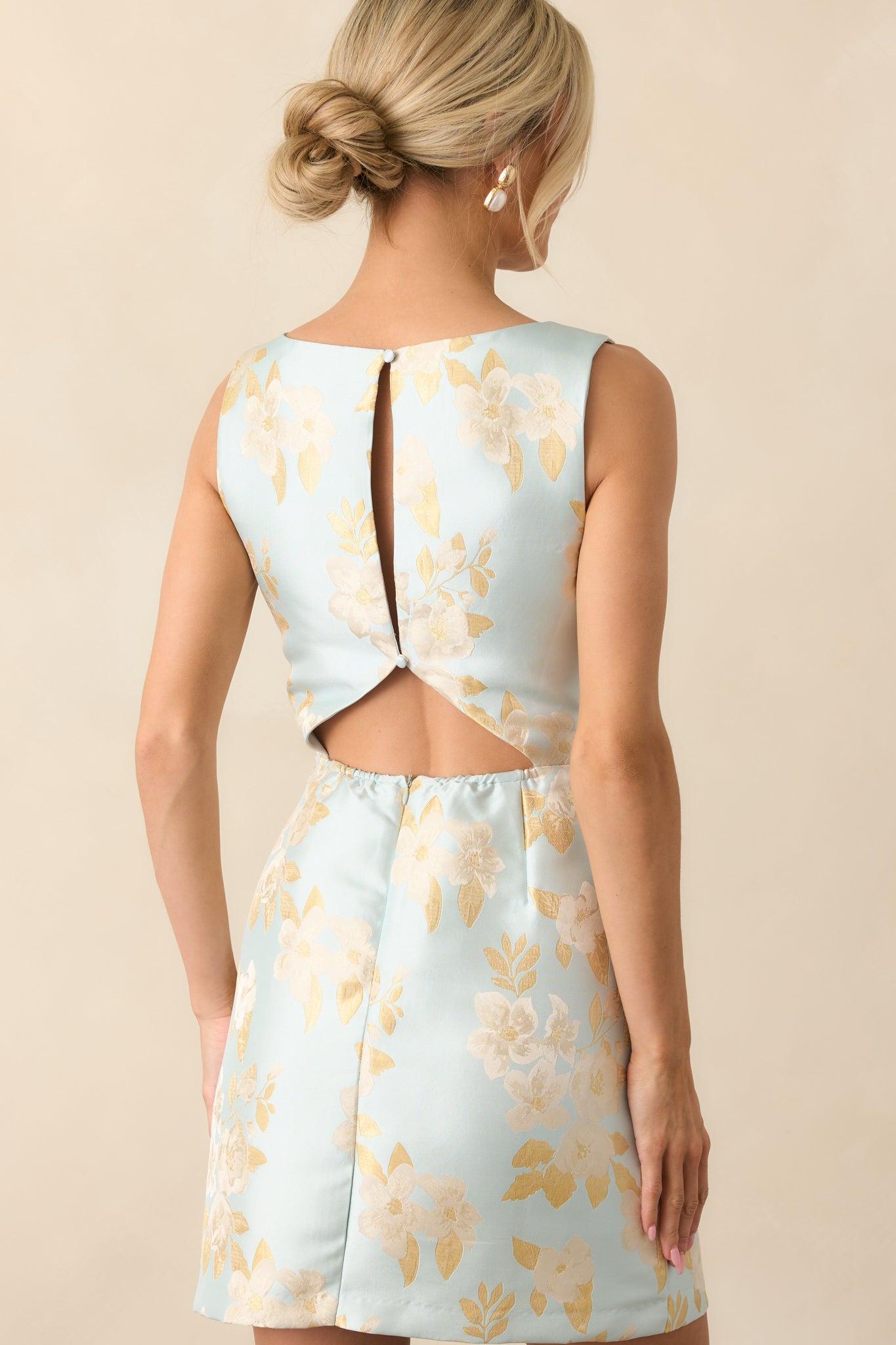 Without Saying A Word Sky Blue Floral Print Jacquard Mini Dress Product Image