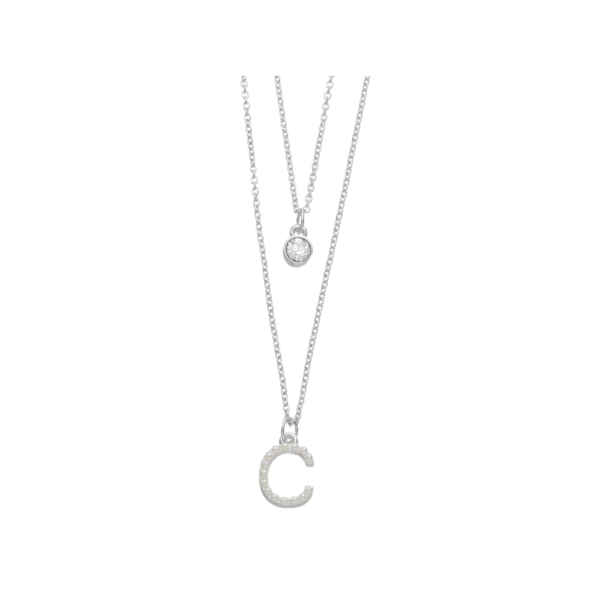 City Luxe Fine Silver Plated Cubic Zirconia & Simulated Pearl Initial Duo Necklace Set, Women's, Silver Tone J Product Image