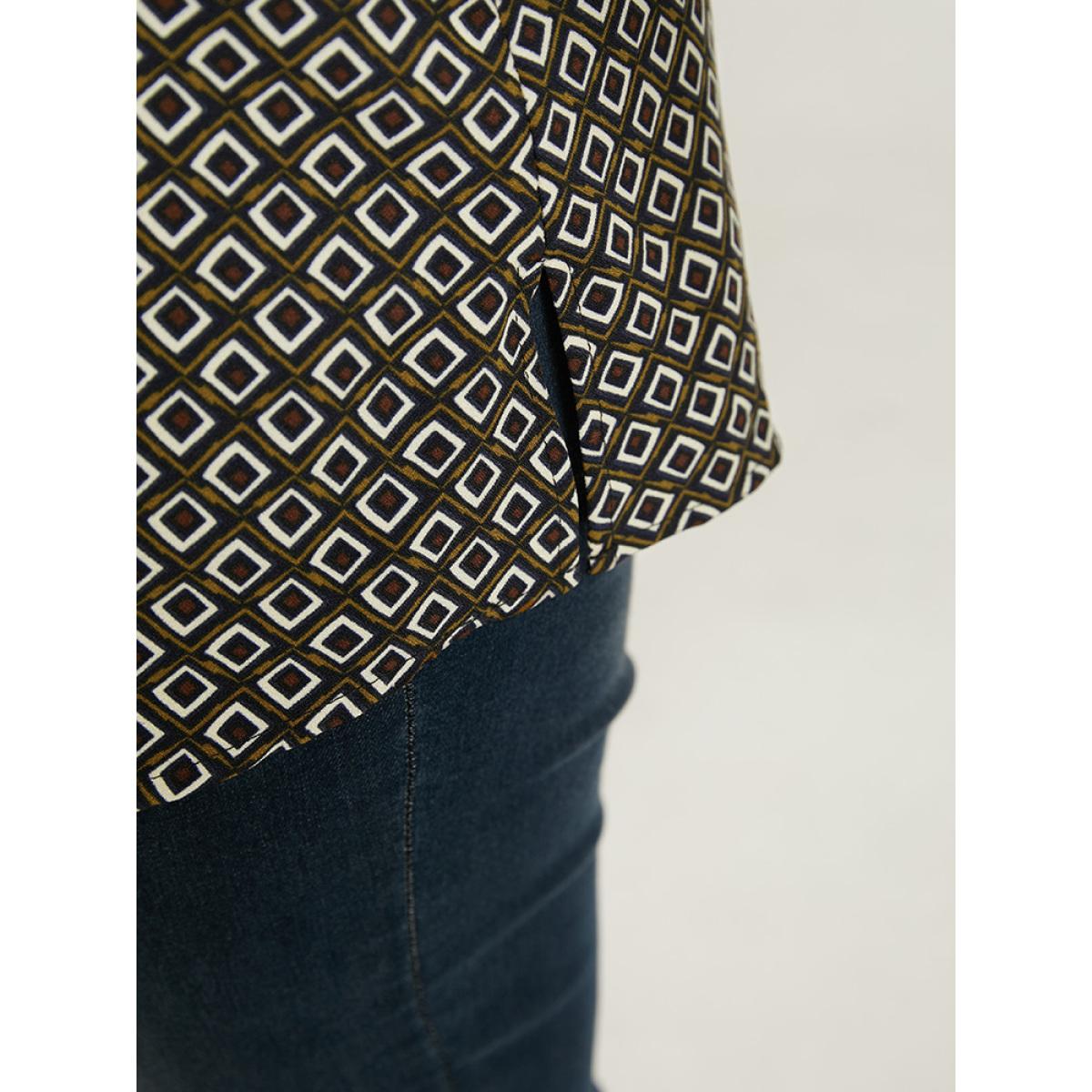 Plus Size Multicolor Geometric Knot Neck Flutter Trim Blouse Women Office Long Sleeve Tie Neck Office Blouses BloomChic 30/6X Product Image