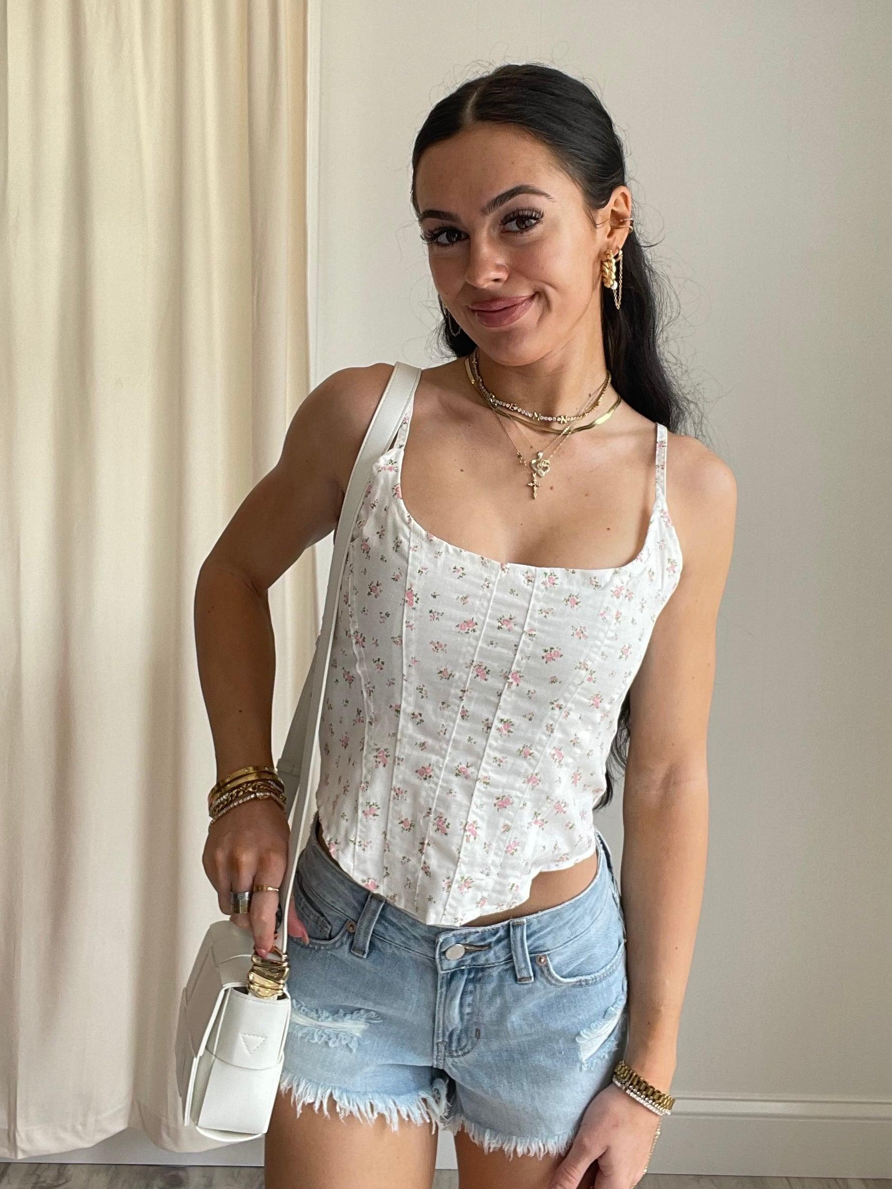 FINAL SALE Lena Ditsy Floral Corset Tank Top | White & Pink Product Image