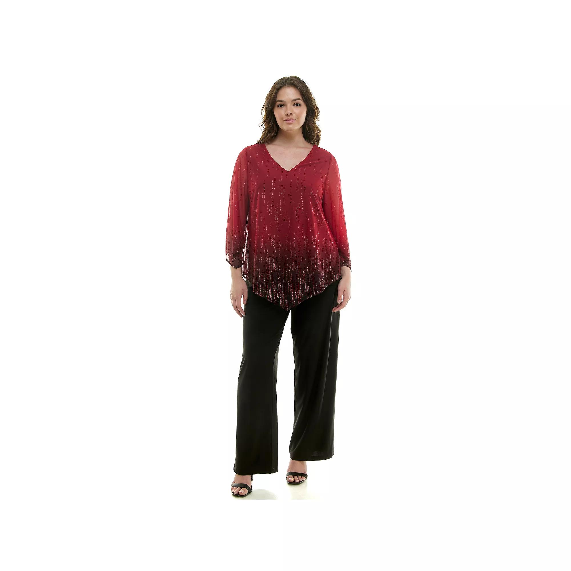 Plus Size Luxology 2-Piece V-Neck Poncho & Straight Leg Pants Set, Women's, Size: 2XL, Red Black Red Product Image