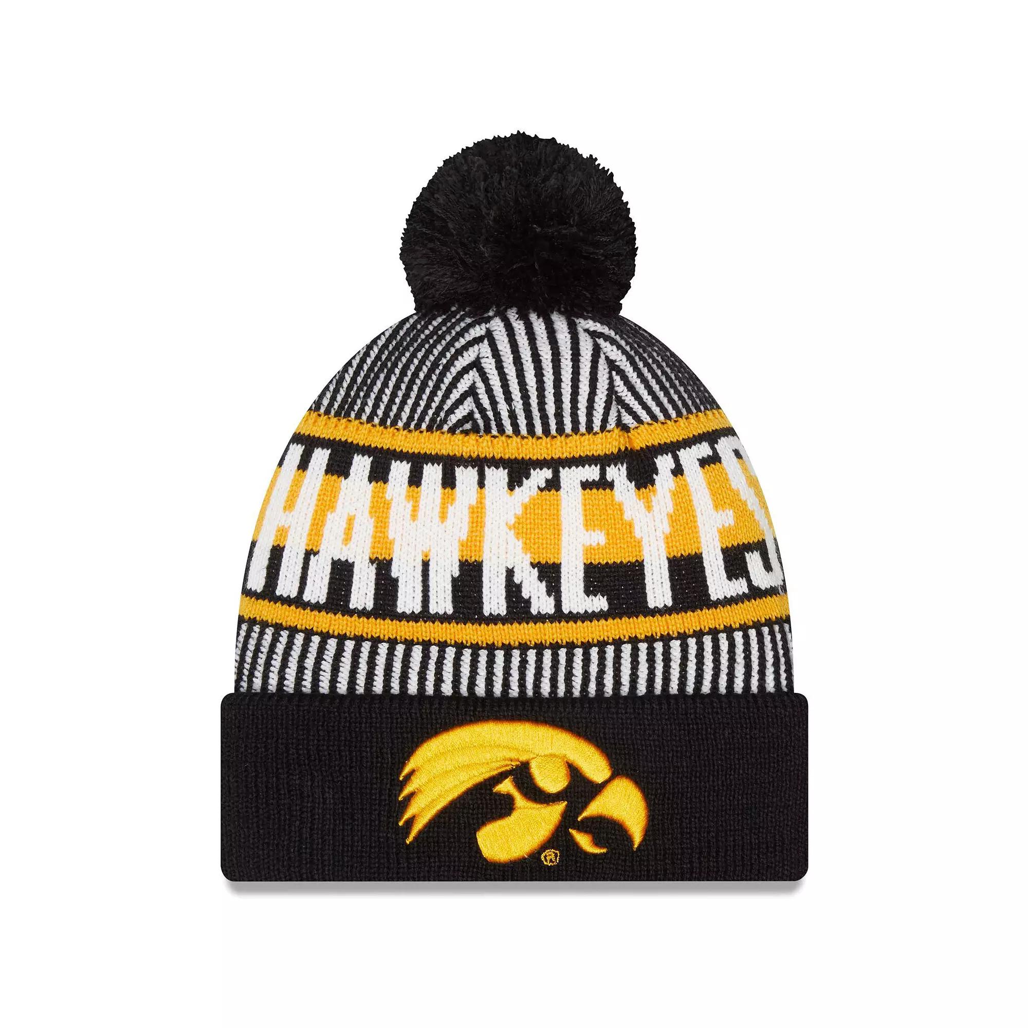 Men's New Era  Black Iowa Hawkeyes Logo Striped Cuff Knit Hat with Pom Product Image