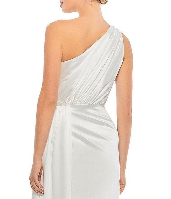 Mac Duggal Sleeveless Pleated One Shoulder Thigh High Slit Satin A-Line Gown Product Image