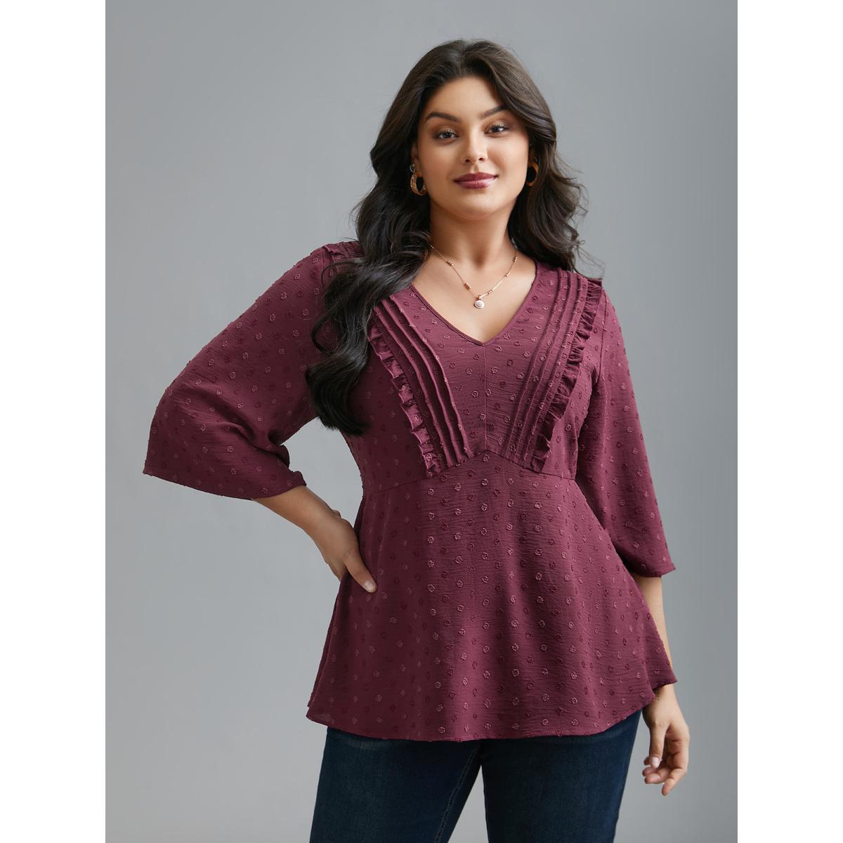 Plus Size Plum Ruffled Pleated Stretchy Waist Flowy Blouse Women Elegant Elbow-length sleeve V-neck Everyday Blouses BloomChic 14-16/1X Product Image