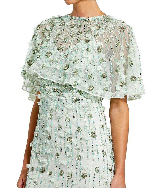 Mac Duggal Beaded Floral Illusion Short Cape Sleeve Sheath Gown Product Image