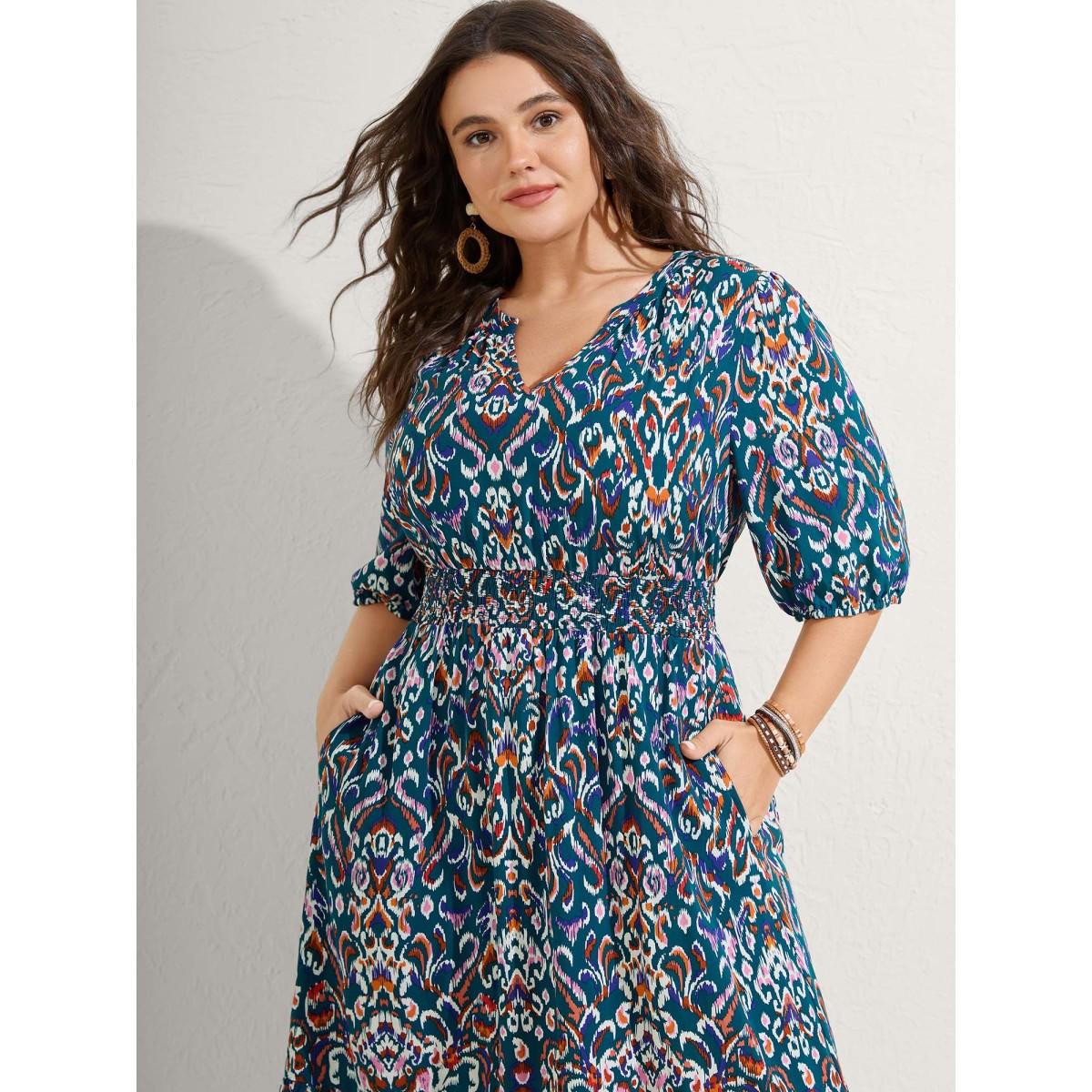 Plus Size Abstract Print Shirred Waist Midi Dress Aegean Women Boho Flat collar with V-notch Half Sleeve Curvy BloomChic 28/5X Product Image
