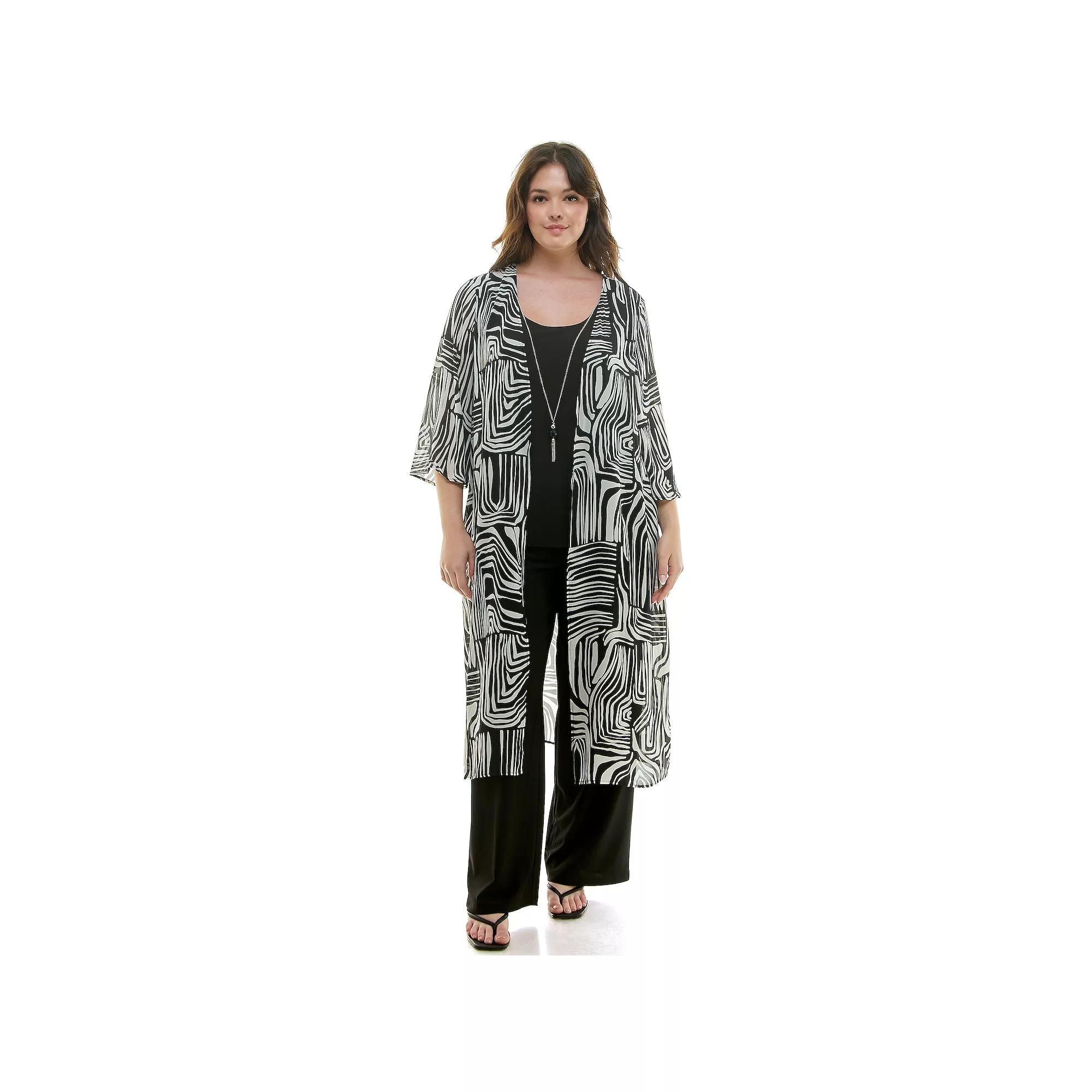 Plus Size Luxology 3-Piece Long Cardigan, Tank Top & Pants Set, Womens Product Image
