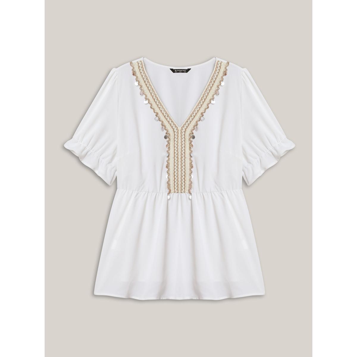 Plus Size Originalwhite Contrast Webbing Shell Detail Blouse Women Short sleeve V-neck Vacation Blouses BloomChic 12/L Product Image