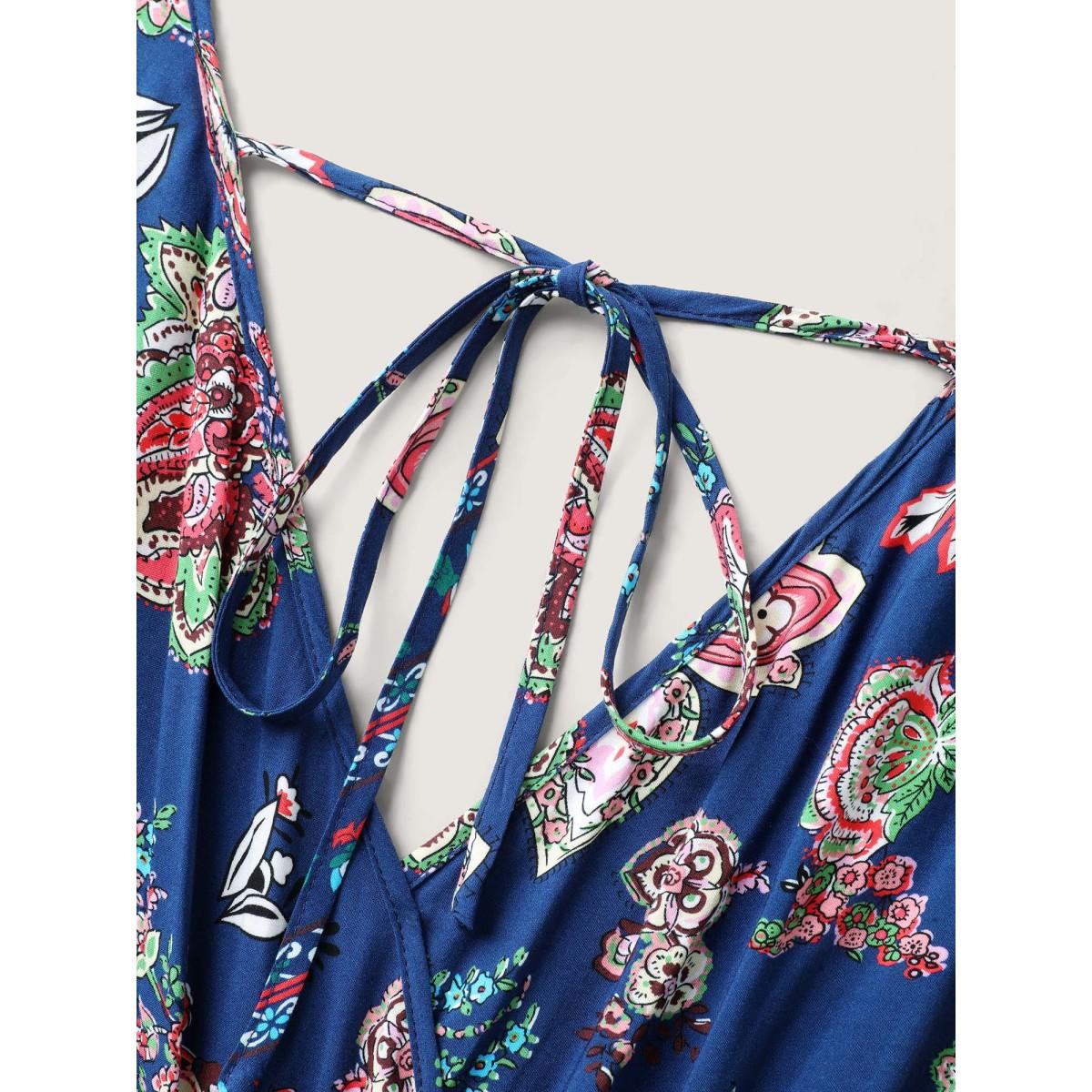 Plus Size DarkBlue Rayon Tropical Vibes Pockets Jumpsuit Women Short sleeve V-neck Vacation Loose Jumpsuits BloomChic 12/L Product Image