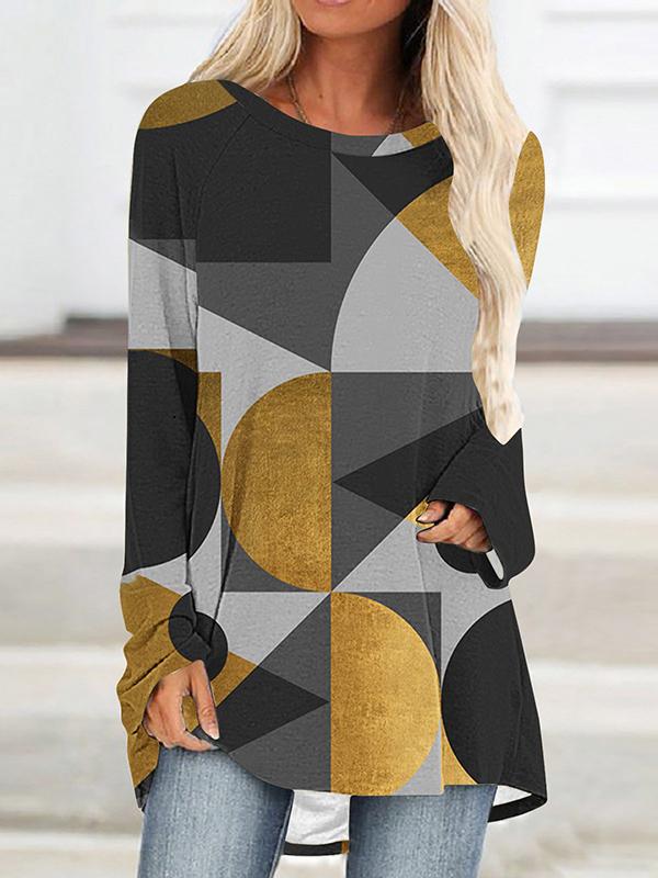 High-Low Long Sleeves Contrast Color Printed Round-Neck T-Shirts Tops Product Image