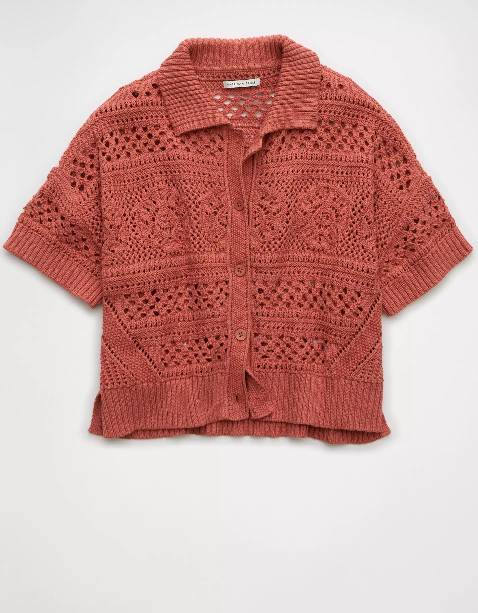 AE Crochet Button-Up Sweater Polo Shirt Product Image
