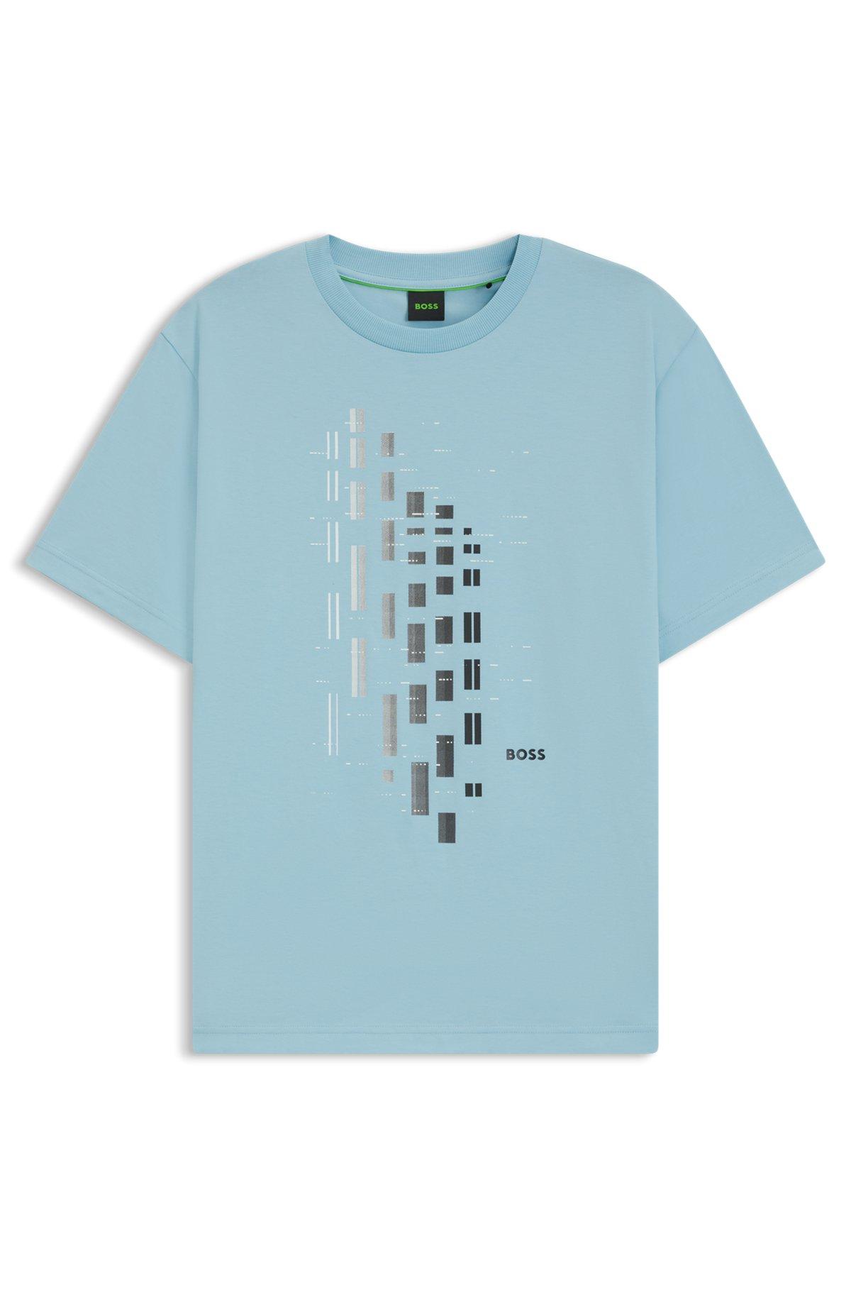 BOSS - Stretch-cotton T-shirt with geometric print - Light Blue Product Image