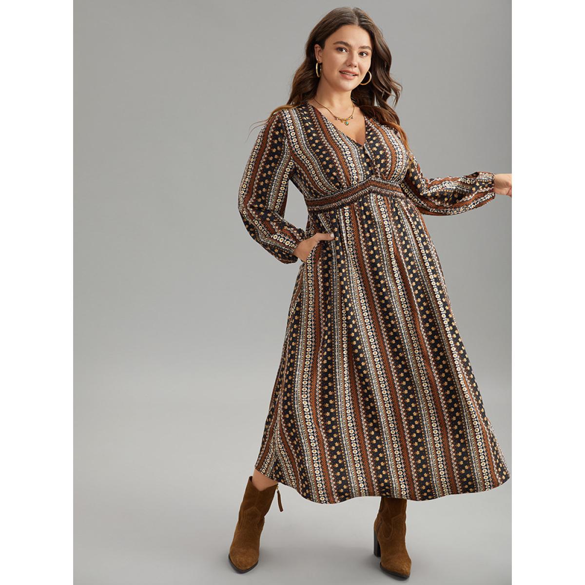 Plus Size Bandana Print Wrap Shirred Dress Multicolor Women Boho Elastic cuffs V-neck Long Sleeve Curvy Midi Dress BloomChic 30/6X Product Image