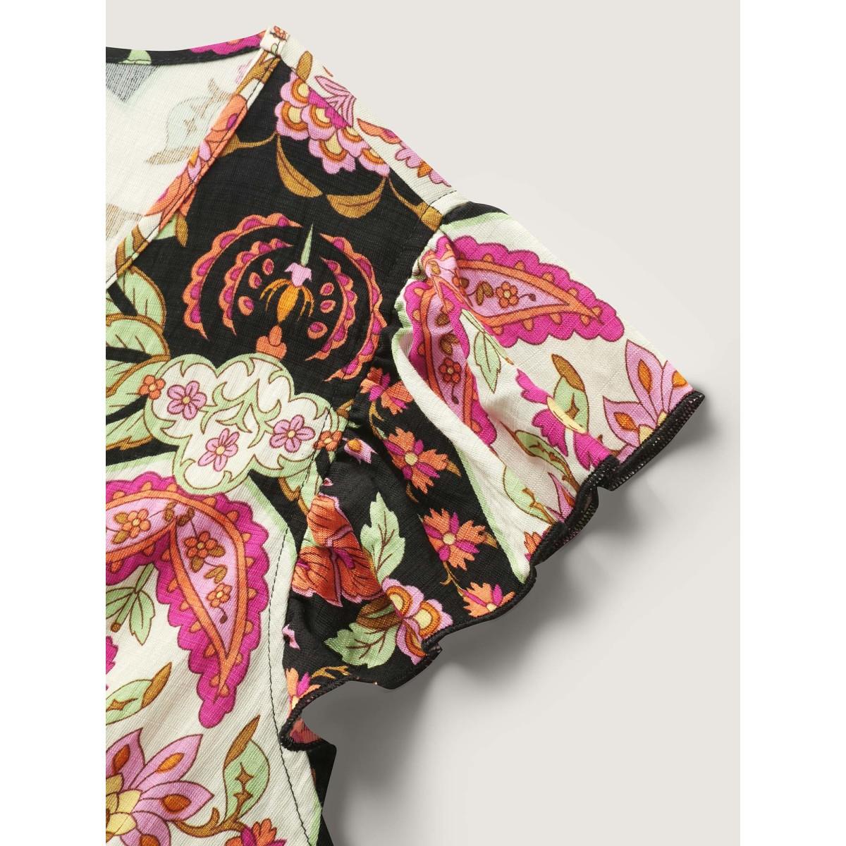 Plus Size Floral Print Ruffled Sleeve V-Neck Midi Dress Black Women Boho V-neck Cap Sleeve Curvy BloomChic 10/M Product Image