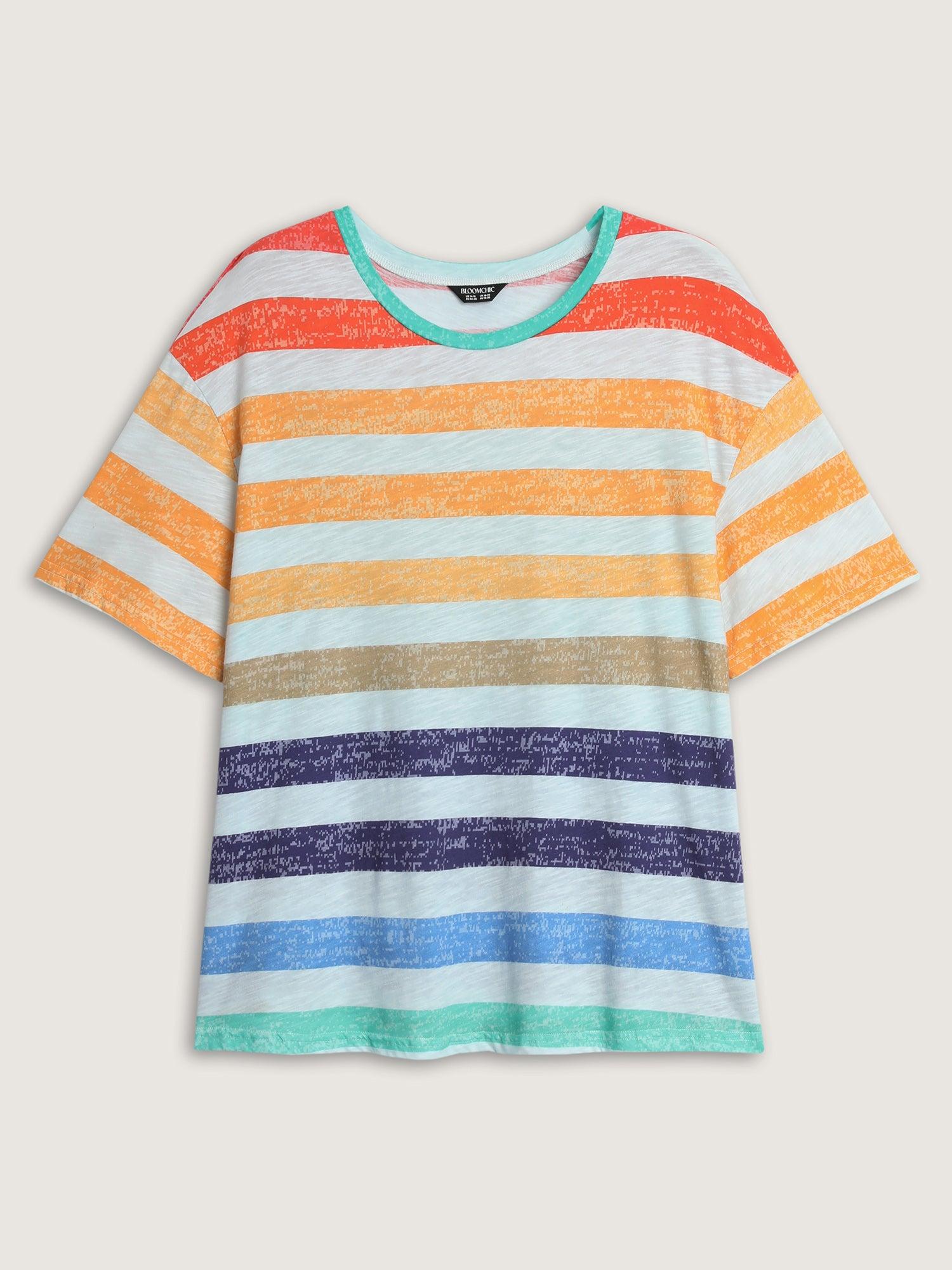 Multi-Color Stripe Print Round Neck T-Shirt Female Product Image