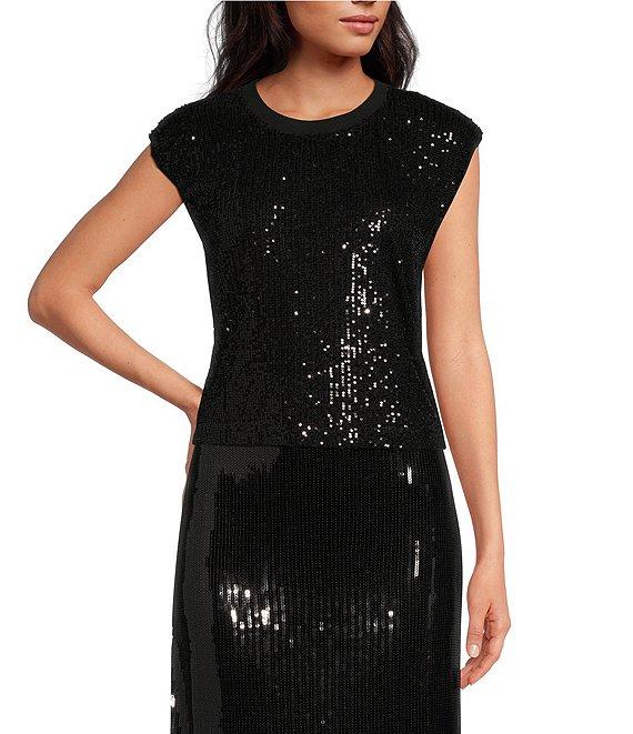 Skies Are Blue Sequin Crew Neck Sleeveless Tank Top Product Image