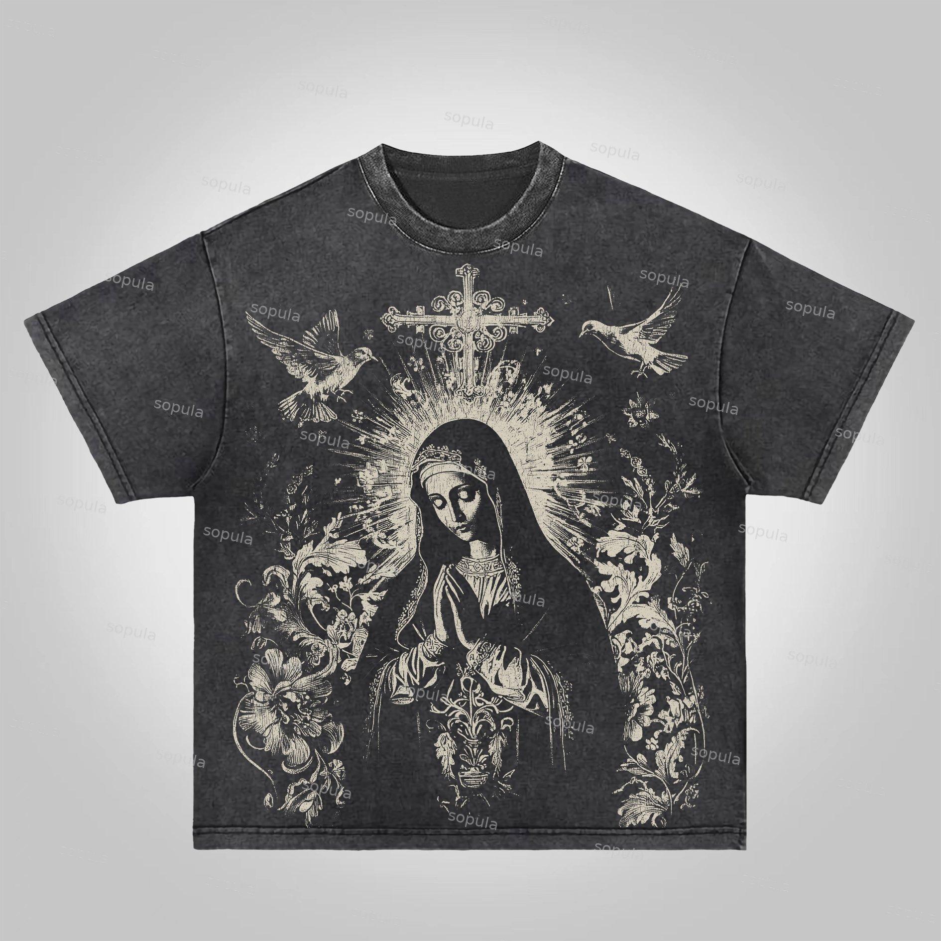 Sopula Virgin Mary Praying Vintage Graphic Acid Washed T-Shirt Product Image