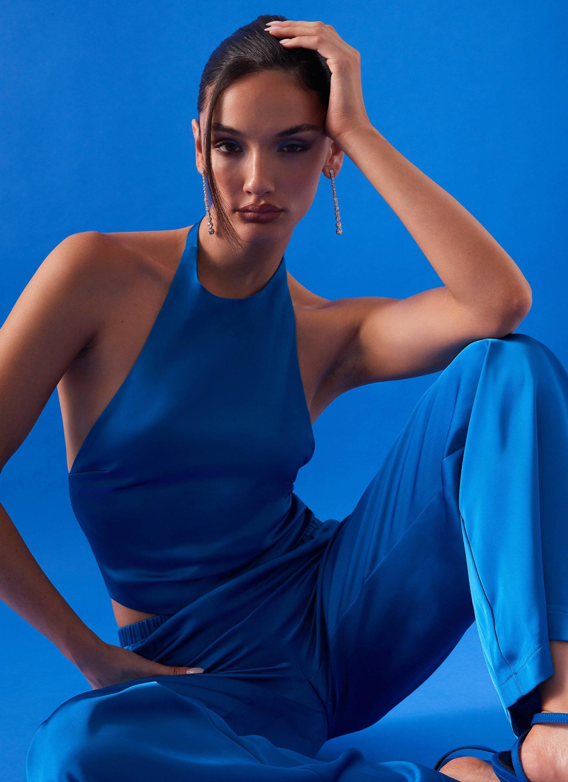 Bree Satin Halterneck Top - Cobalt Product Image