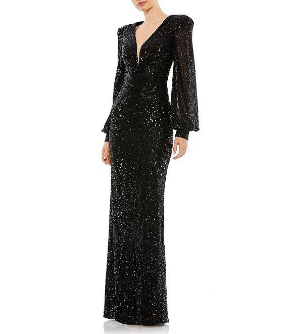 Mac Duggal Deep V-Neck Bishop Sleeve Sequined Gown Product Image