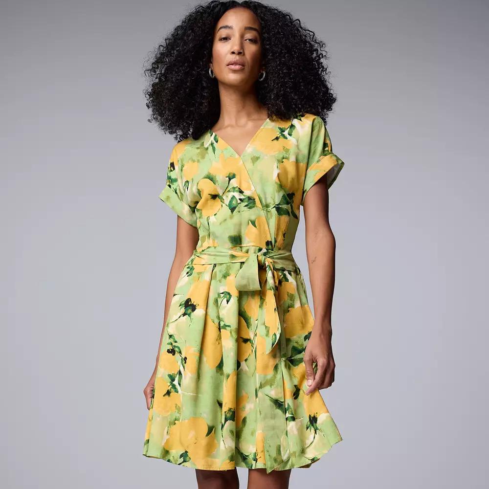Petite Simply Vera Vera Wang Wrap Tie-Front Dress, Women's, Size: XL Petite, Yellow Lt Green Floral Product Image
