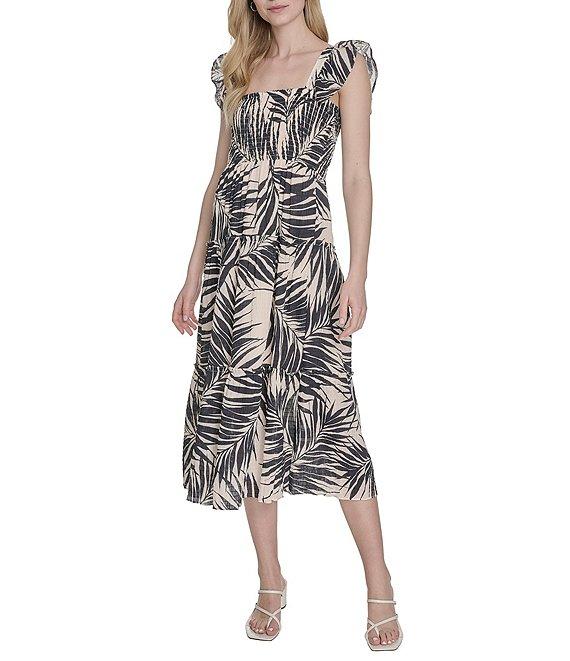 Vince Camuto Smocked Printed Square Neck Sleeveless Tiered Fit And Flare Midi Dress Product Image