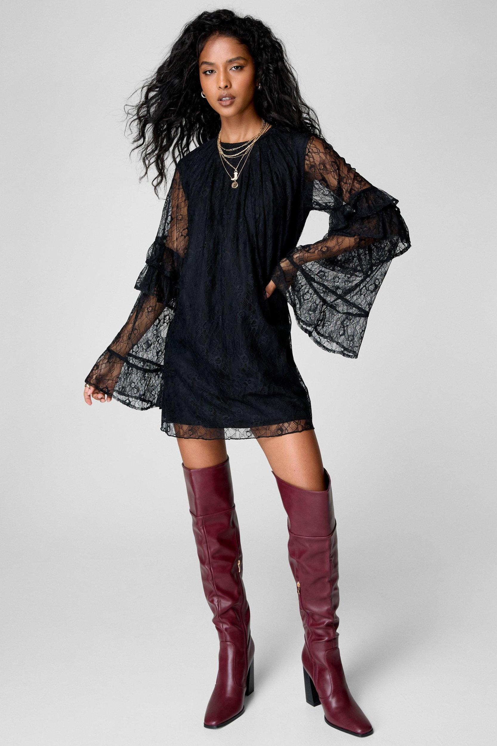 Lace Ruffle Fluted Sleeve Tunic Mini Dress Product Image