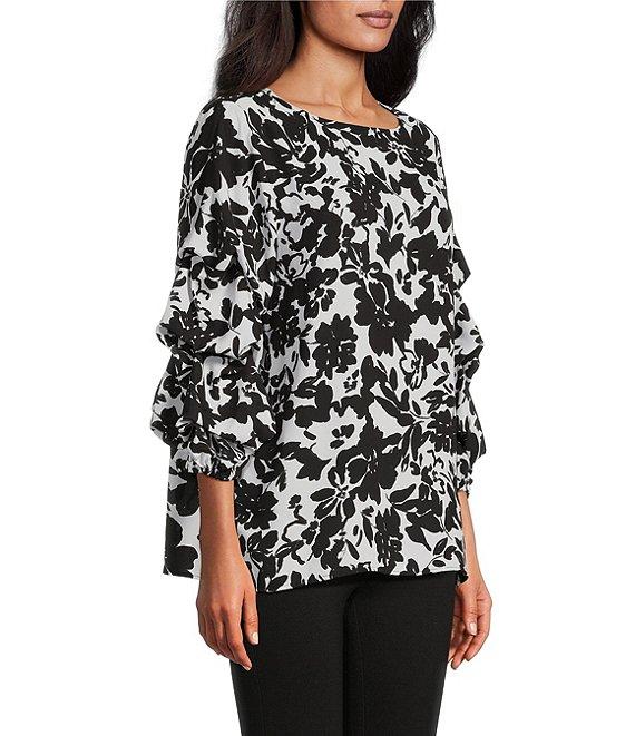 Slim Factor By Investments Black/White Ink Stroked Floral Print Kara Boat Neck 3/4 Tiered Sleeve Top Product Image