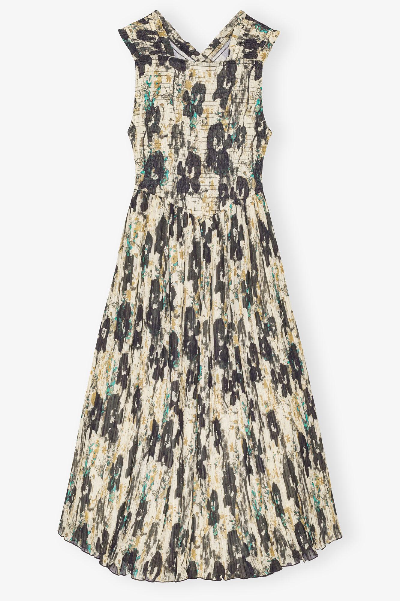 Printed Pleats Smock Midi Straps Dress Product Image