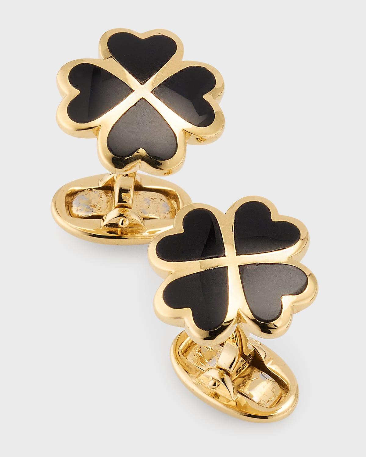 Mens 18K Gold Vermeil Onyx Four Leaf Clover Cufflinks Product Image