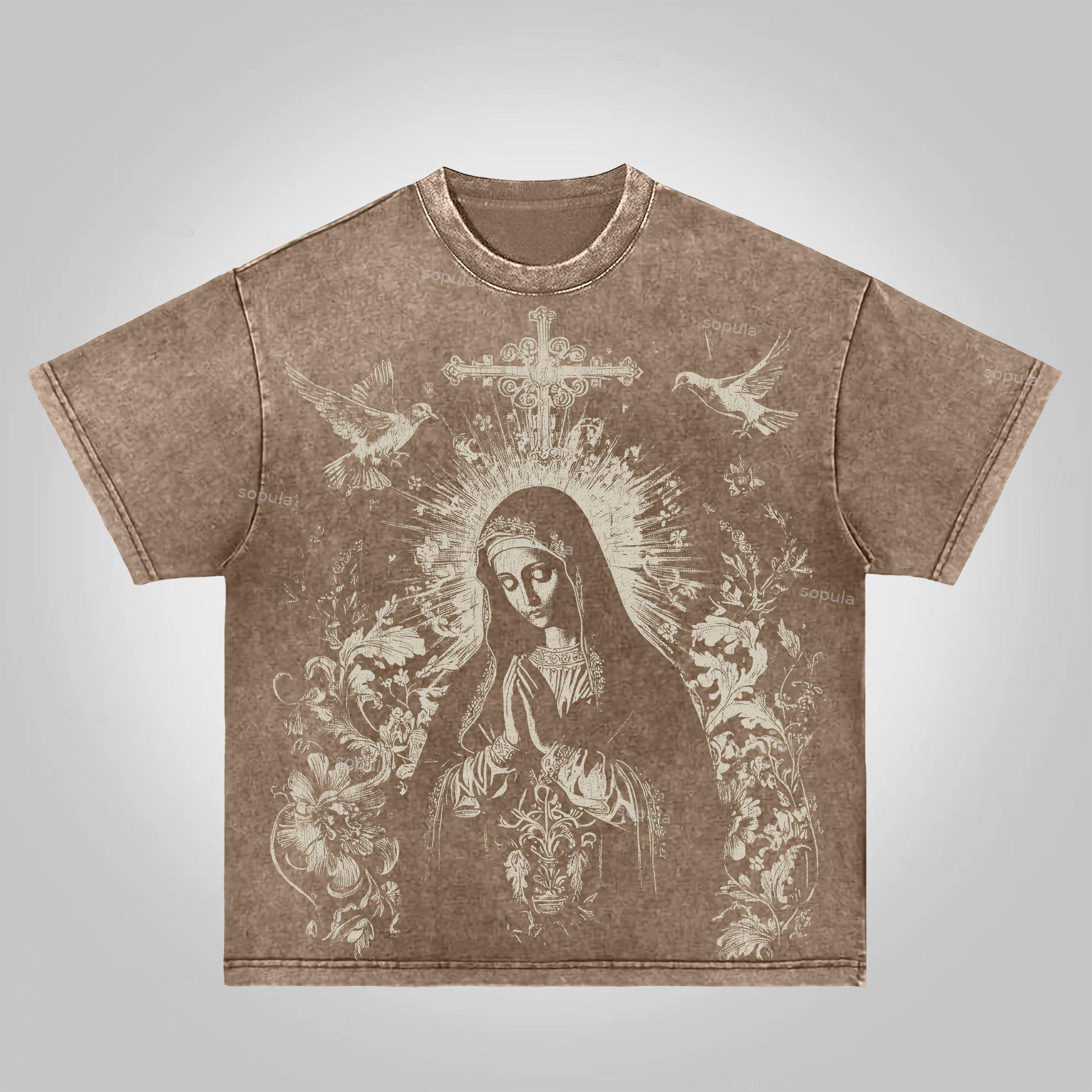Sopula Virgin Mary Praying Vintage Graphic Acid Washed T-Shirt Product Image