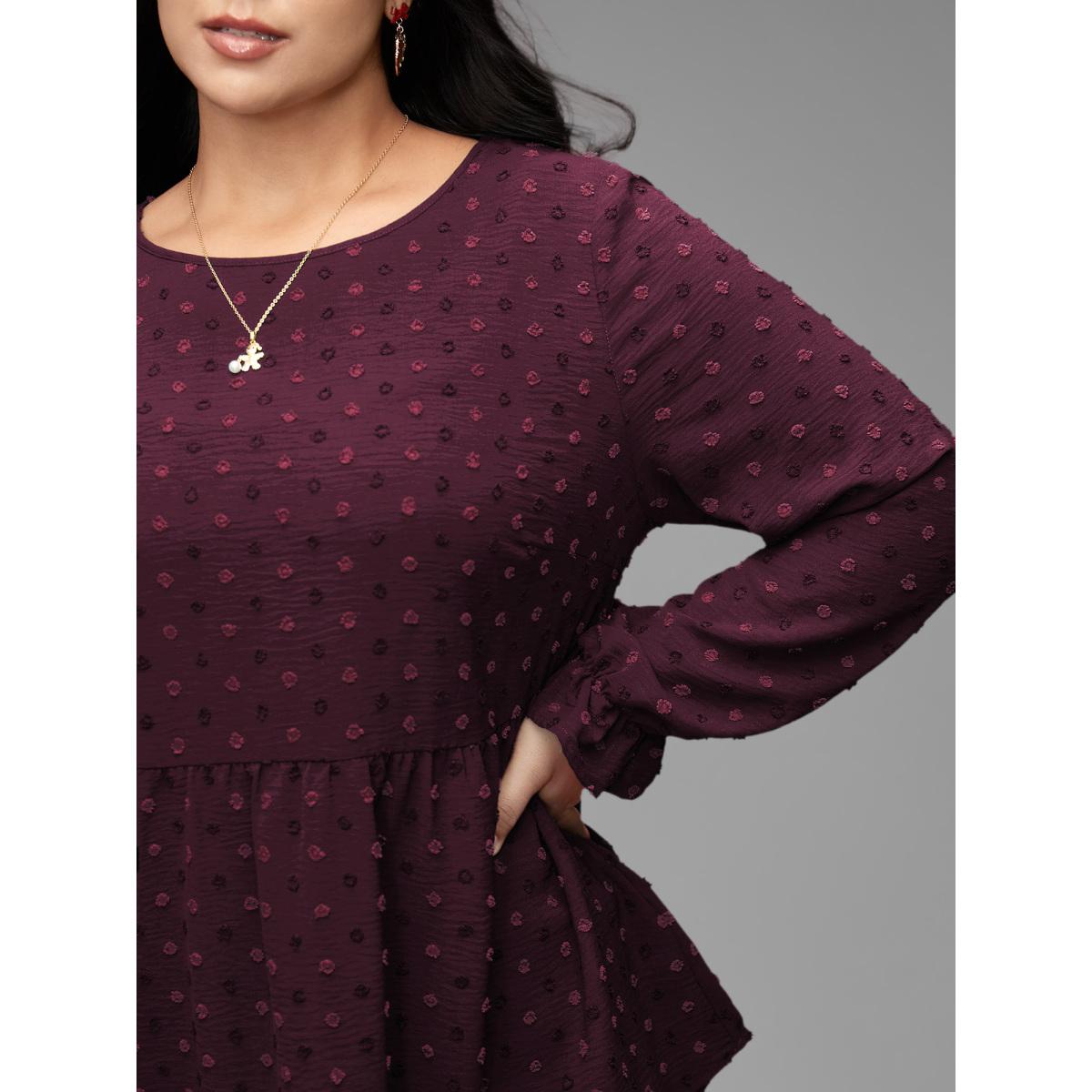 Plus Size Plum Textured Dot Elastic Cuffs A-line Blouse Women Leisure Long Sleeve Round Neck Casual Blouses BloomChic 10/M Product Image