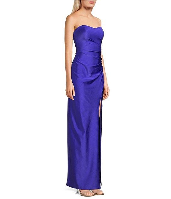 Pear Culture Stretch Satin Strapless Sweetheart Neck Point Wrap Side Slit Dress Product Image