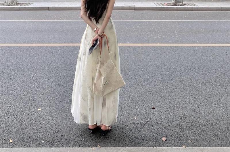 Spaghetti Strap Print Midi A-Line Dress Product Image