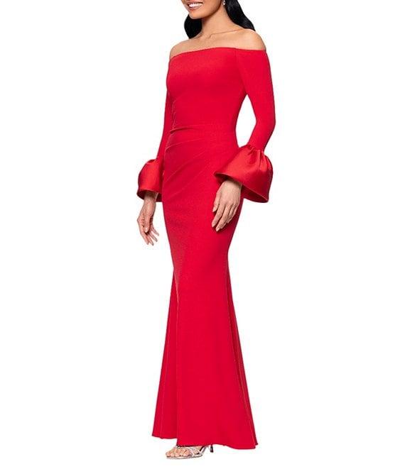 Betsy & Adam Off-The-Shoulder Mikado Bell Sleeve Side Ruched Scuba Crepe Sheath Gown Product Image