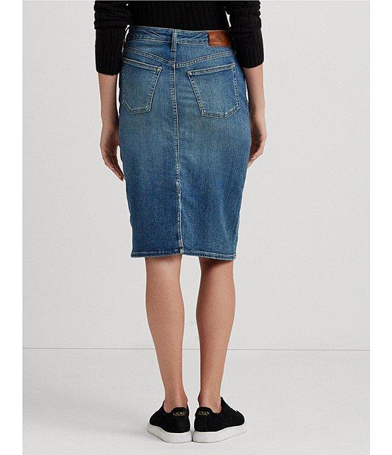 Lauren Ralph Lauren Sunset Indigo Wash Stretch Denim Mid Rise Pencil Skirt Product Image