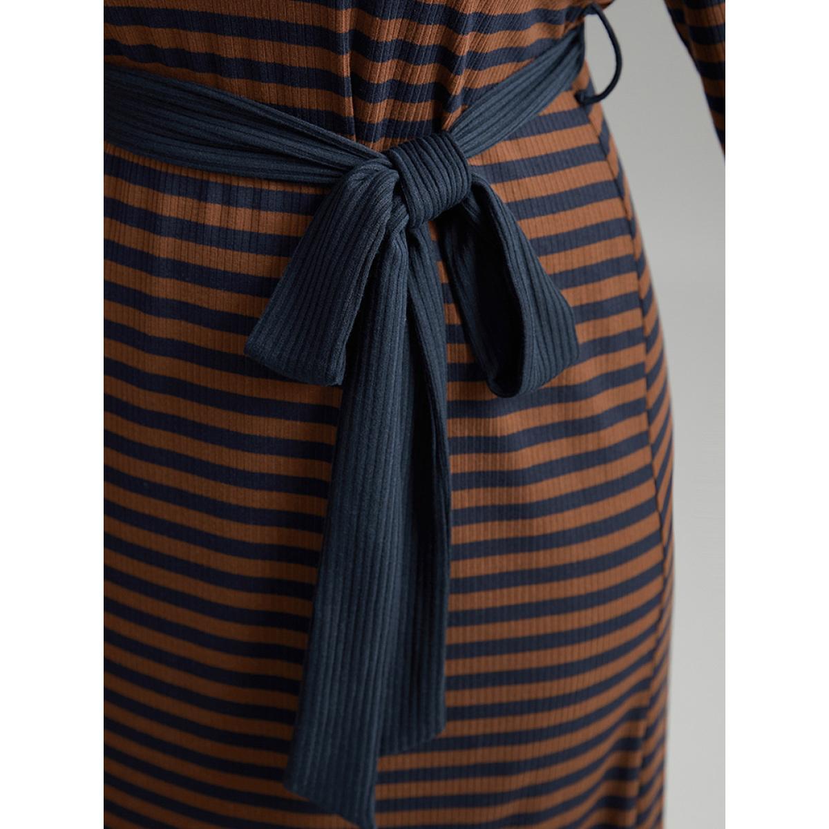 Plus Size Rib Knit Belted Patchwork Contrast Dress DarkBrown Women Casual Belted V-neck Long Sleeve Curvy Midi Dress BloomChic 18-20/2X Product Image