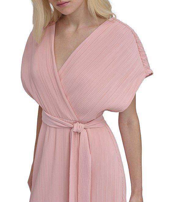 DKNY by Donna Karan Woven Crossover V-Neck Short Dolman Sleeve Belted A-Line Midi Dress Product Image