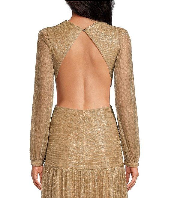 Gianni Bini Hazel Metallic Chiffon V-Neck Long Sleeve Cut Out Dress Product Image