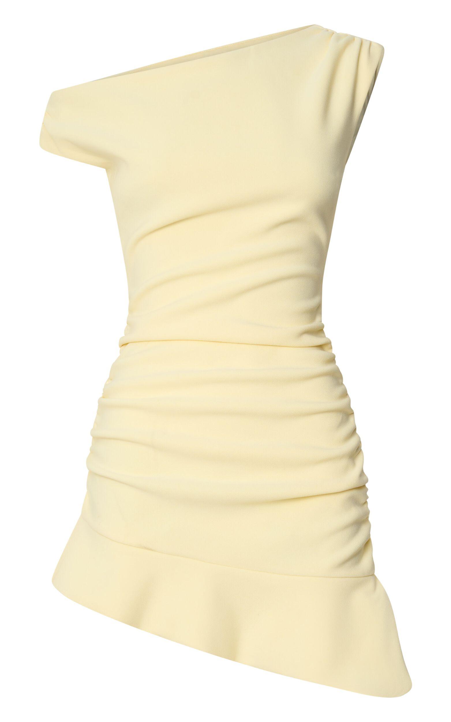 Goldie Mini Dress - Tipped Off Shoulder Cap Sleeve Ruched Fitted Ruffle Hem Skirt Dress in Lemon Product Image