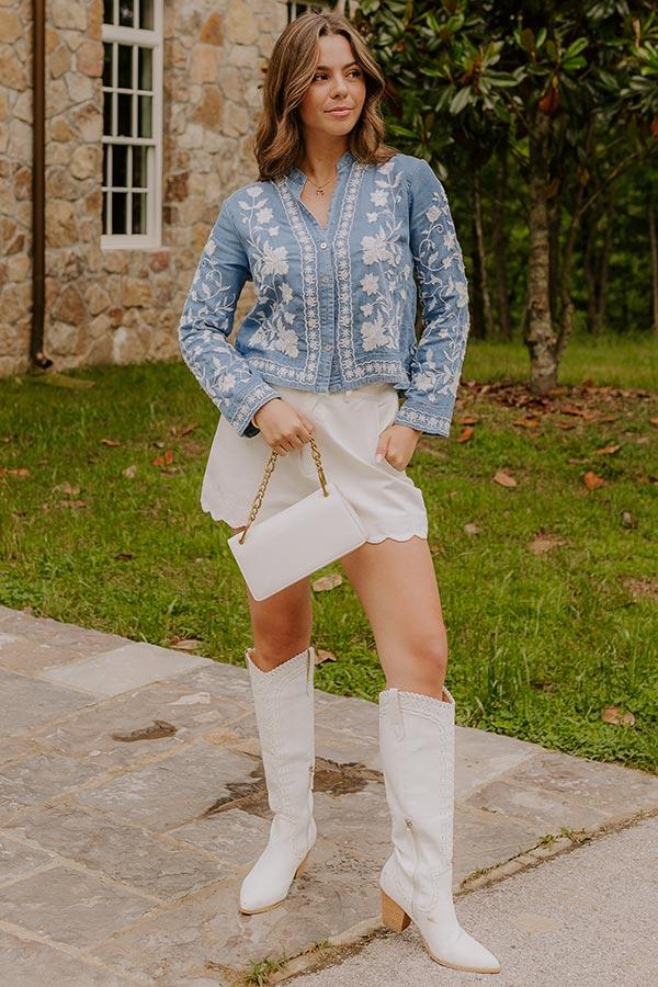 Free Flowing Floral Embroidered Chambray Top Product Image