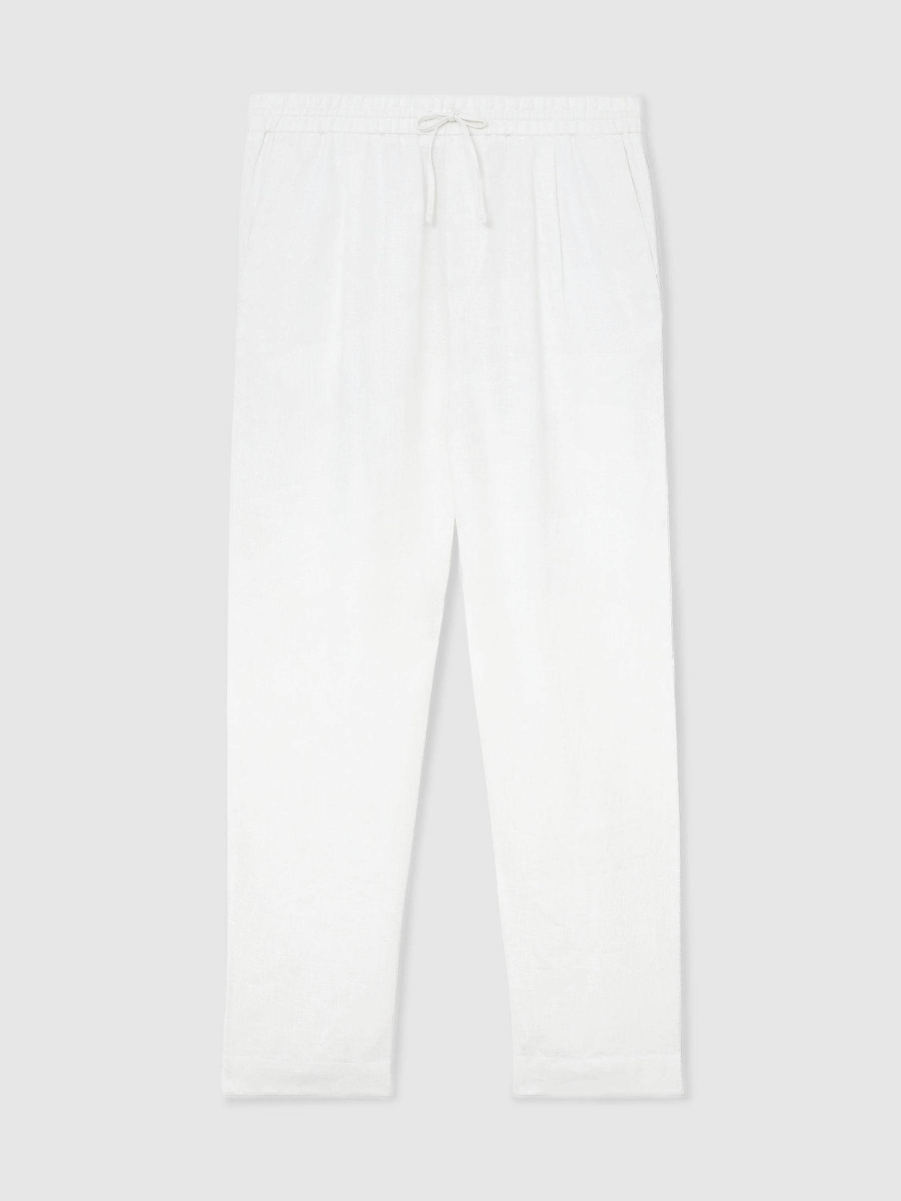 Linen Relaxed-Fit Drawstring Trousers in White Product Image