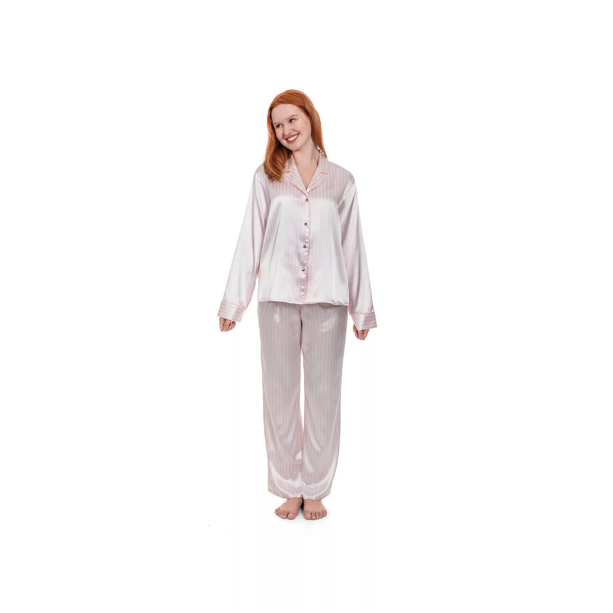 Women's Lilac+London Long Satin Notch Collar Pajama Top & Pajama Bottoms Set,  Product Image