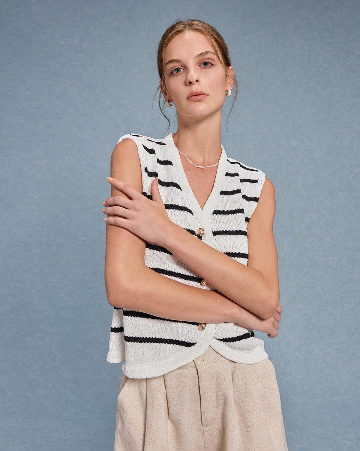 White Striped Single Breasted Vest Product Image